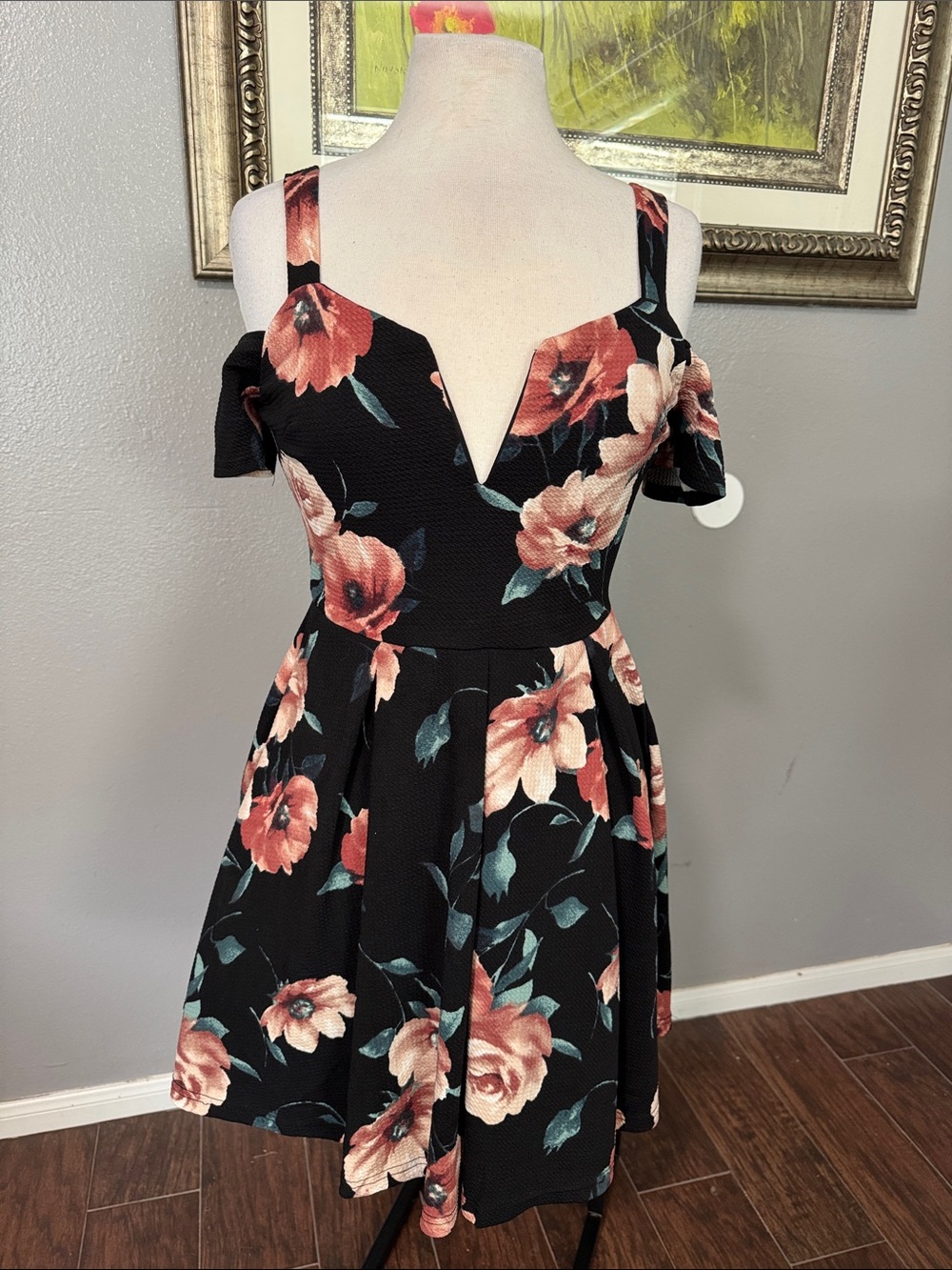 Mine Black Cold-Shoulder Fit & Flare Dress with Coral Floral Print